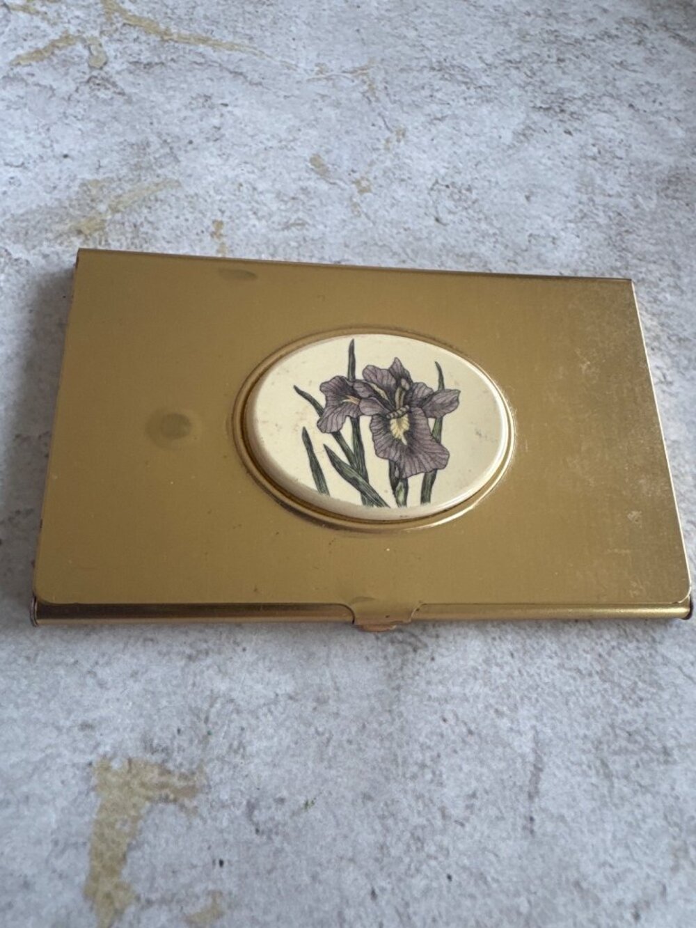 Vintage Gold Metal Business Card Holder Scrimshaw Purple Iris Floral Oval